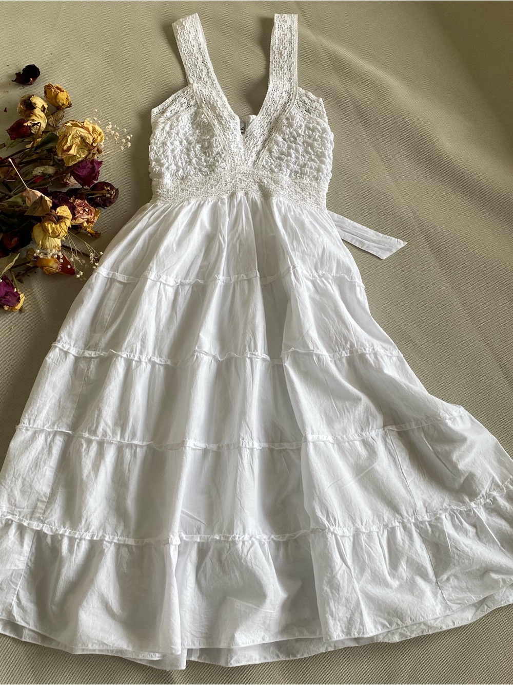 Trishna White Cotton Crochet Lace Tiered Midi Dress Cottagecore XS - Picture 2 of 10